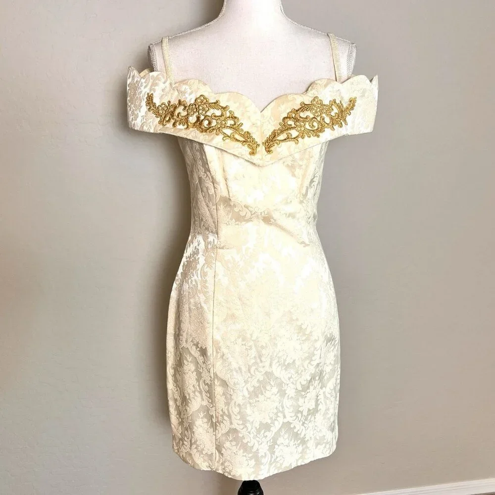 Vintage 1980s Roberta Ivory Brocade Courthouse Wedding Dress Gold Appliqué XS - Picture 1 of 11